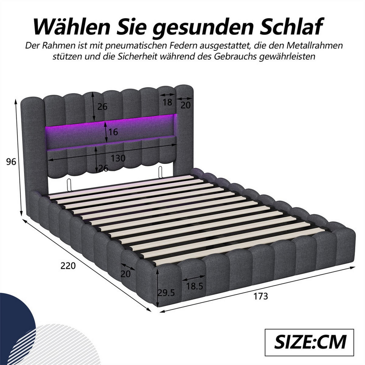 POLSTERBETT 160x200 cm -mit LED-Beleuchtung und hydraulischem Stauraum - Ohne Matratze -Dunkelgrau - Grau, Textil (160/200cm) - DELFA