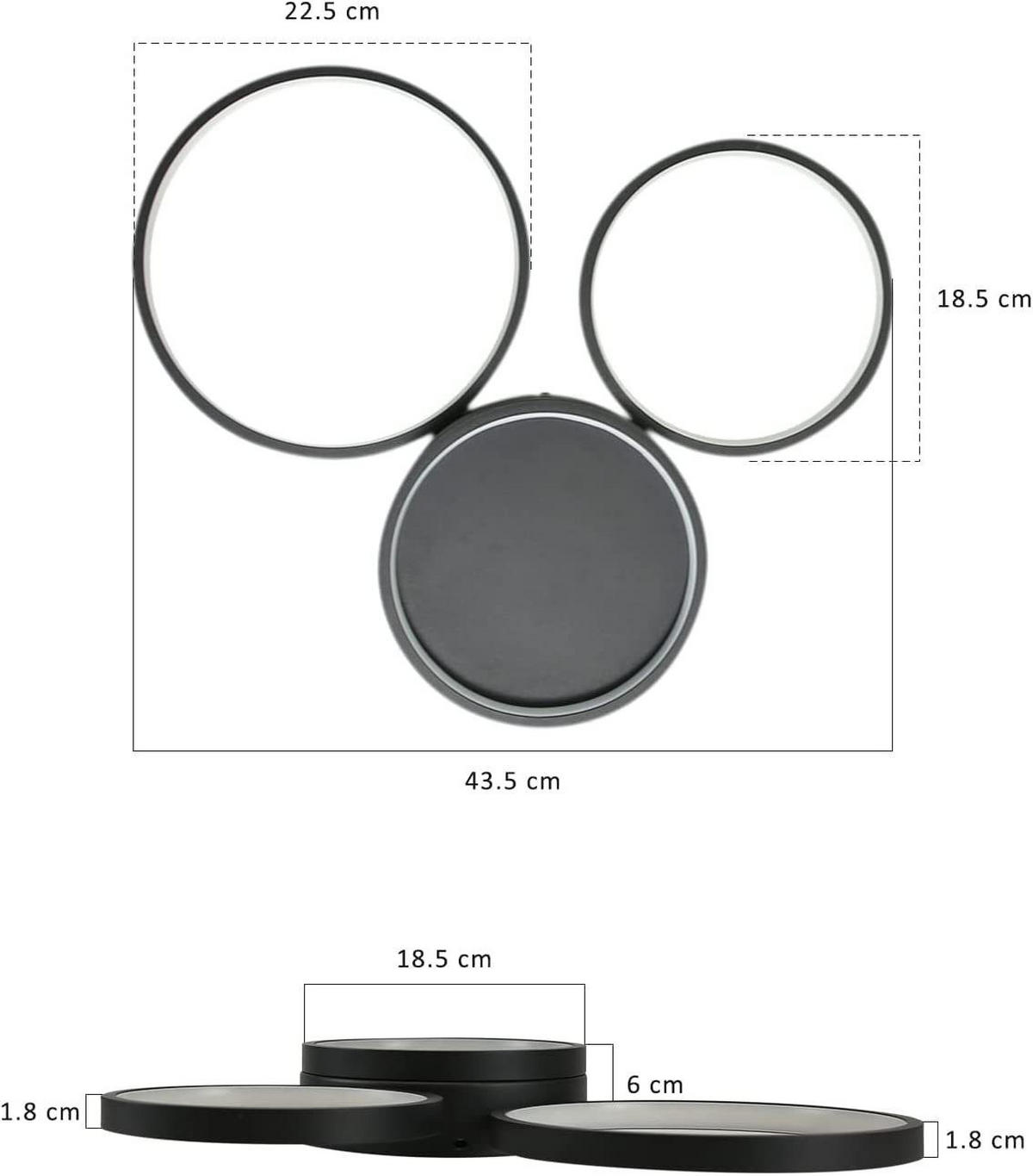 LED-DECKENLEUCHTE Dreiring 43.5/35.5/6 cm - Schwarz, Metall (43.5/35.5/6cm) - Nettlife
