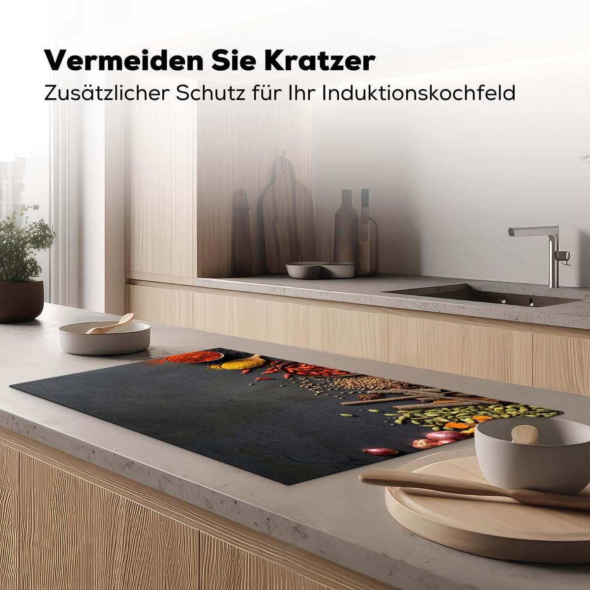 HERDABDECKPLATTE Kräuter - Lebensmittel - Gewürze - Schwarz - Paprika - Zimt Induktionsschutz 91.6x52.7 cm - Currygelb, Kunststoff (91.6/52.7/0.2cm) - MuchoWow