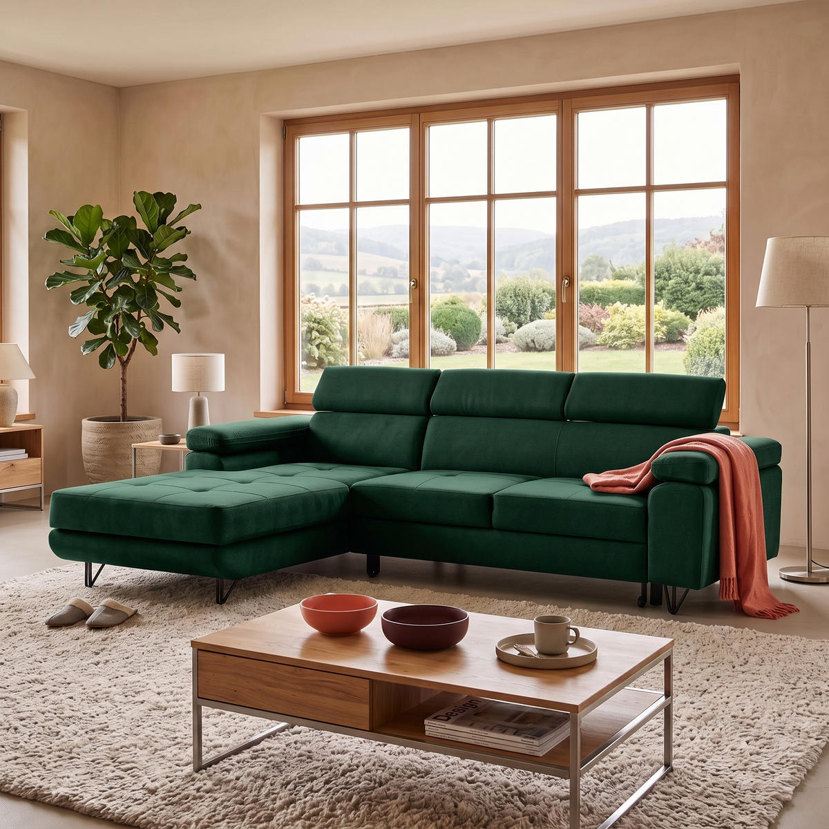 ECKSOFA NORIS L Links mit Schlaffunktion 128x203 Velours Dunkelgrün - Dunkelgrün/Schwarz, Holz/Textil (250/183cm) - Muffo