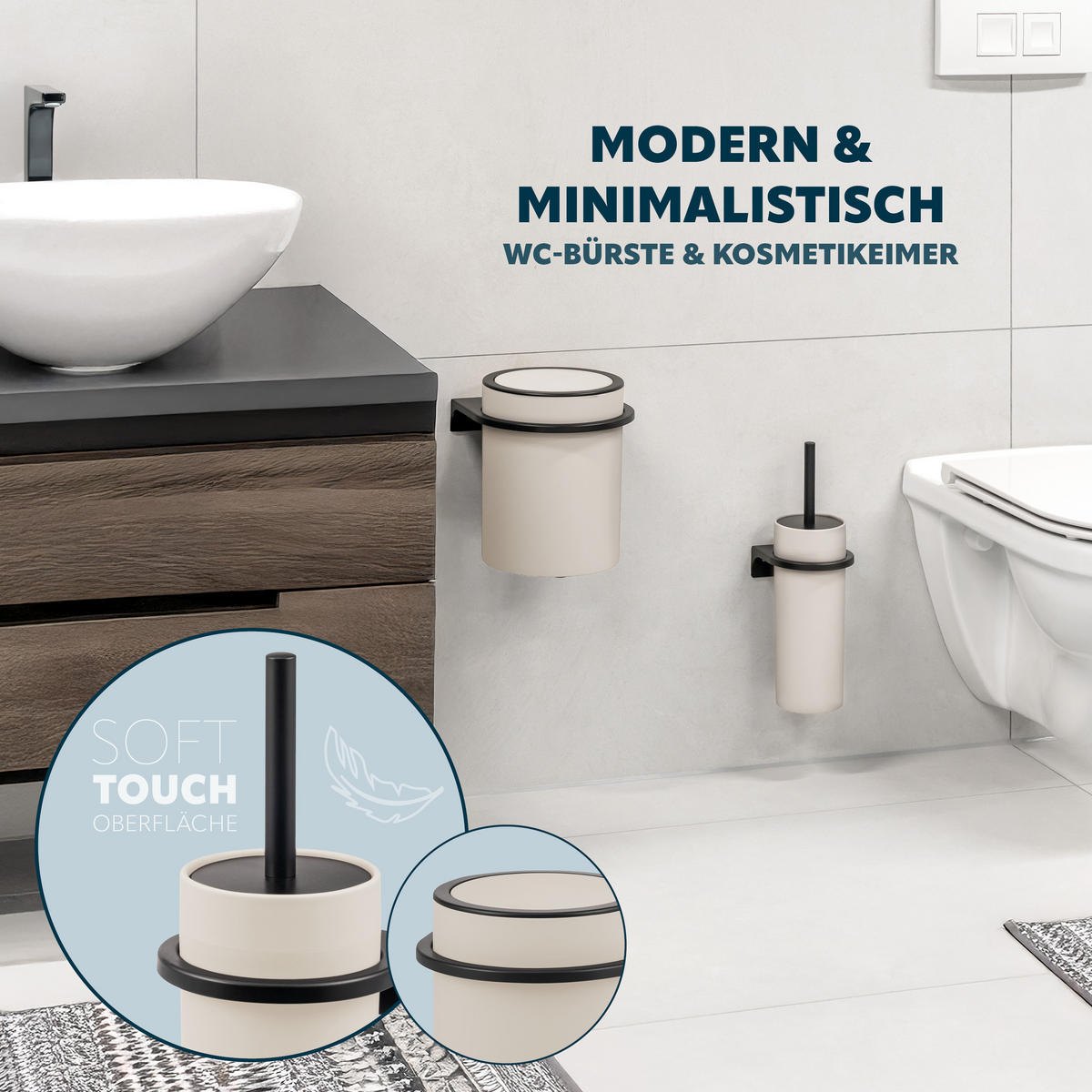 WC-GARNITUR 2-TLG. Bürste u. Eimer SAVONA Softtouch inkl. Wandhalterung, rund - beige - Beige, Kunststoff (19/24.5/19cm) - bremermann