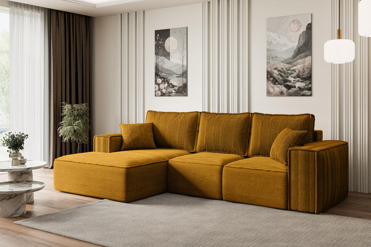 ECKSOFA mit Schlaffunktion und Bettkasten SERRA-L-S - 266x161x87 cm Senfgelb Cord - Currygelb/Schwarz, Holzwerkstoff/Kunststoff (266/161cm) - ALTDECOR