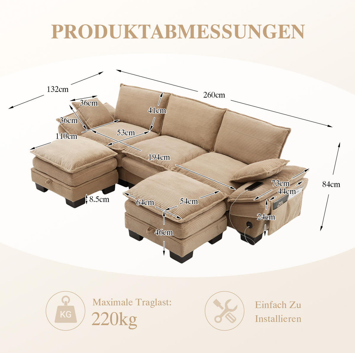WOHNLANDSCHAFT aus Corduroy 260x132x84 cm in Beige mit 2 Hockern & USB-C - Beige, Textil (132/84/260cm) - Modfu