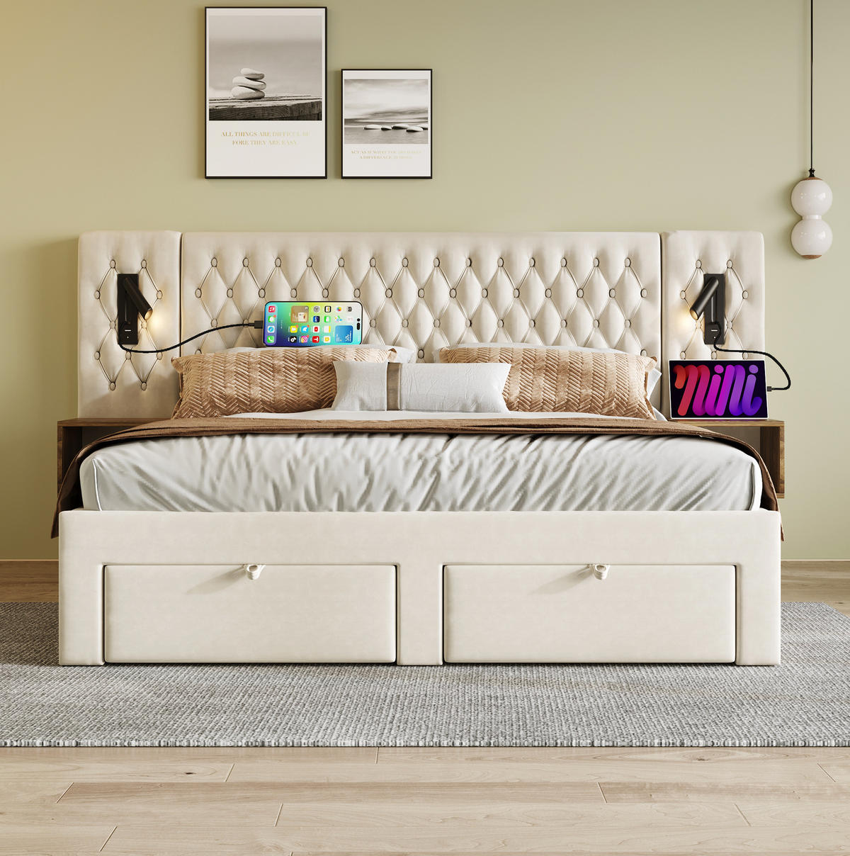 BETTANLAGE mit 2 Nachttischen 160x200 cm Samt Beige - Beige, Metall (160/200cm) - Meubliv