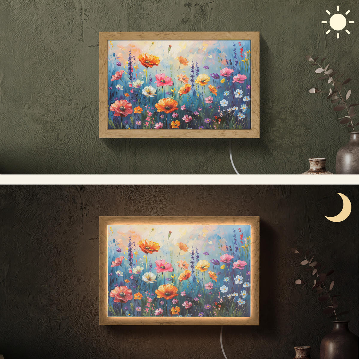 NÁSTĚNNÁ LAMPA Květiny - Příroda - Akvarel - Umění 30x20 cm - různobarevná, kompozitní dřevo (30/20/8cm) - OnlyWow