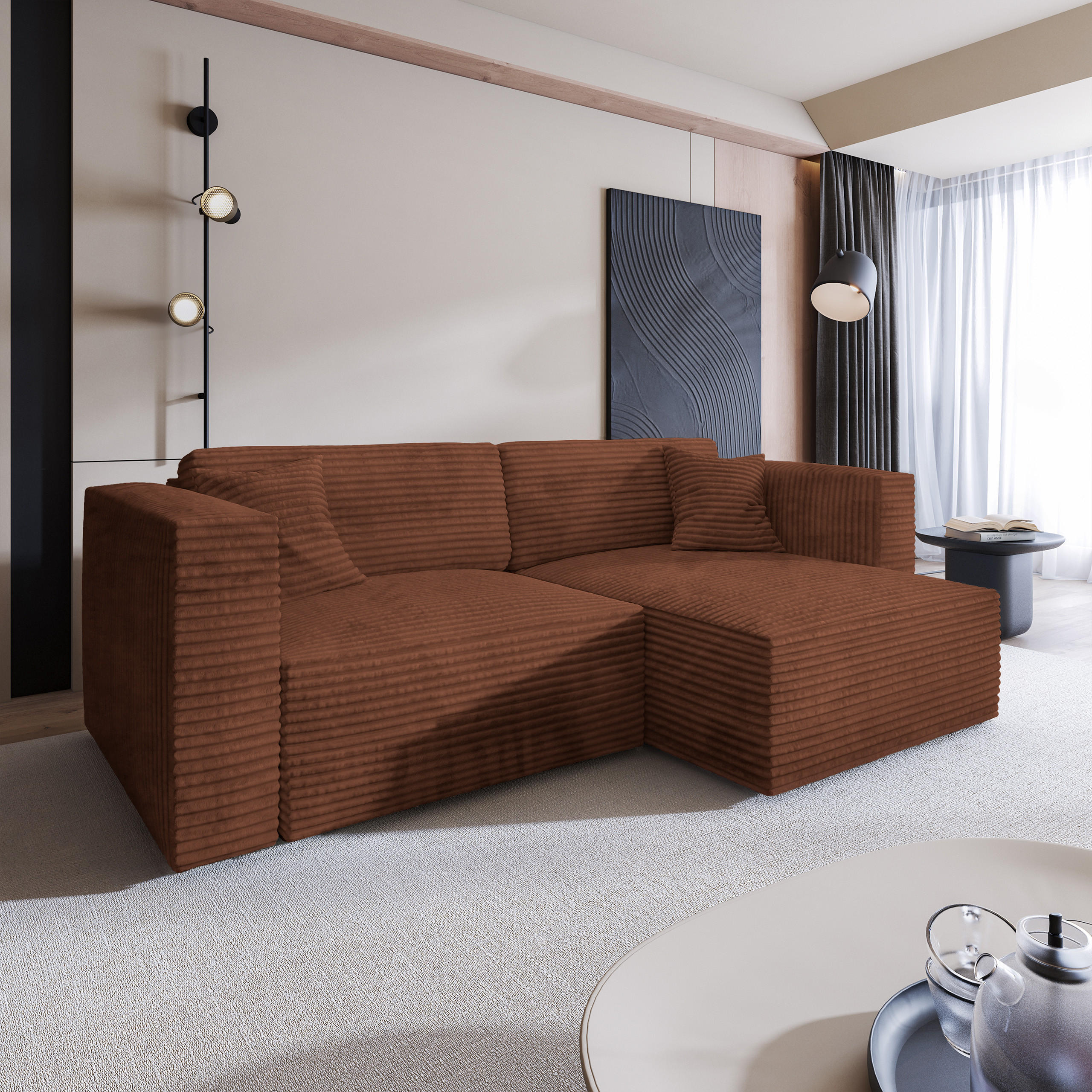 ECKSOFA NERIO Braun Kordstoff mit Schlaffunktion - Braun, Holz (245/148cm) - MASSENO