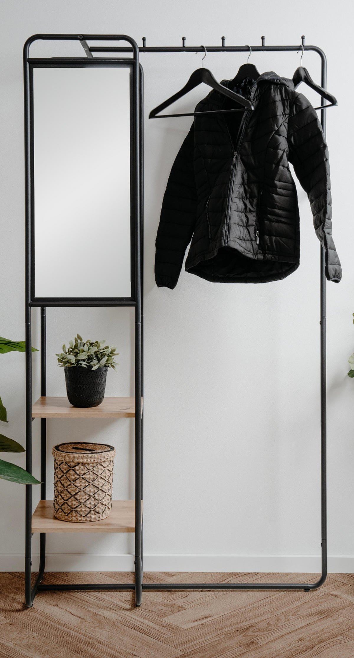 KOMPAKTGARDEROBE schwarz Metall 100 cm, Garderobe mit Spiegel - Schwarz, Holzwerkstoff/Metall (100/185/37cm) - Furn.Design