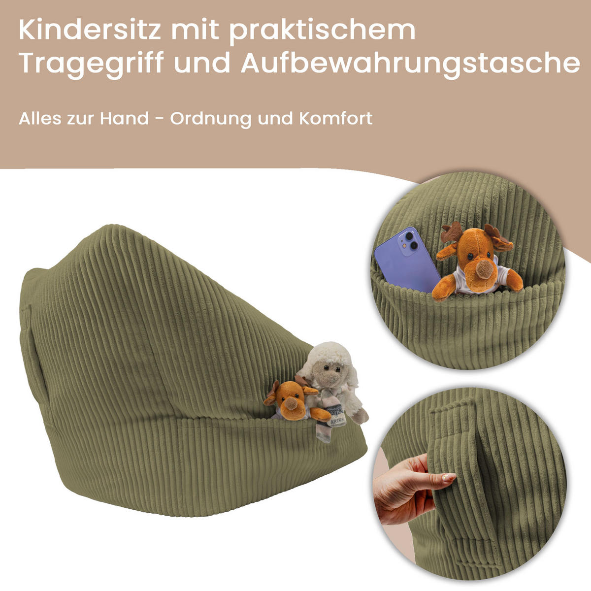 SITZSACK-SESSEL Bambino 55/60/55 cm, weicher Cord 380 g/m², mit Griff & Seitentasche, Olivgrün - Olivgrün, Textil (55/55/60cm) - Dreamroots
