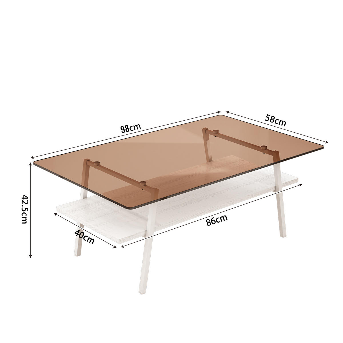 COUCHTISCH DE-37413 rechteckig mit Glasplatte Weiß - Weiß, Holzwerkstoff (98/58/42.5cm) - ComfortXL