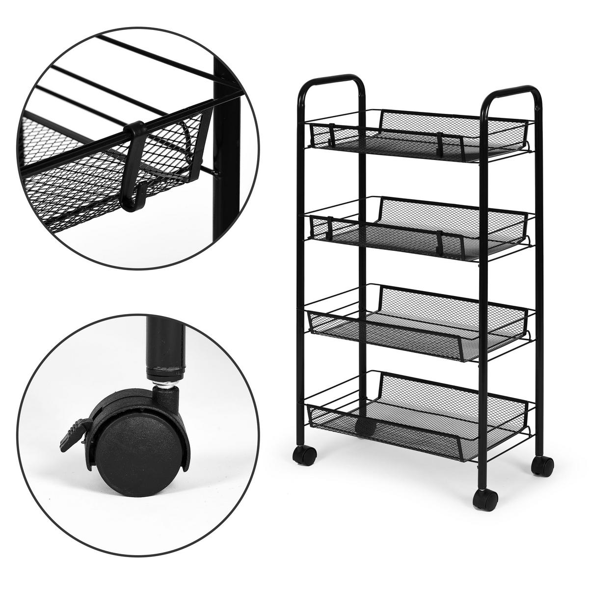 ROLLWAGEN Metall, 4 Ablagekörbe, 84 cm, Schwarz, mit Haken - Schwarz, Metall (45/84/26cm) - Mat-Haus