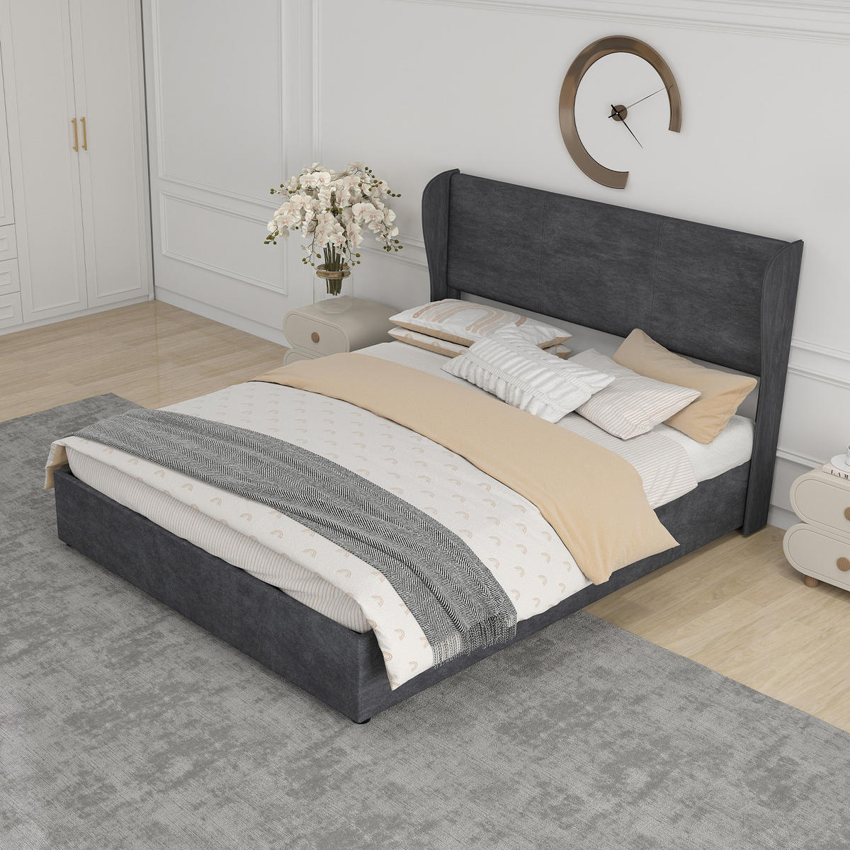 POLSTERBETT 160/200 cm in Grau Samt mit Gepolstertem Kopfteil - Grau, Holzwerkstoff/Textil (160/200cm) - WISHDOR