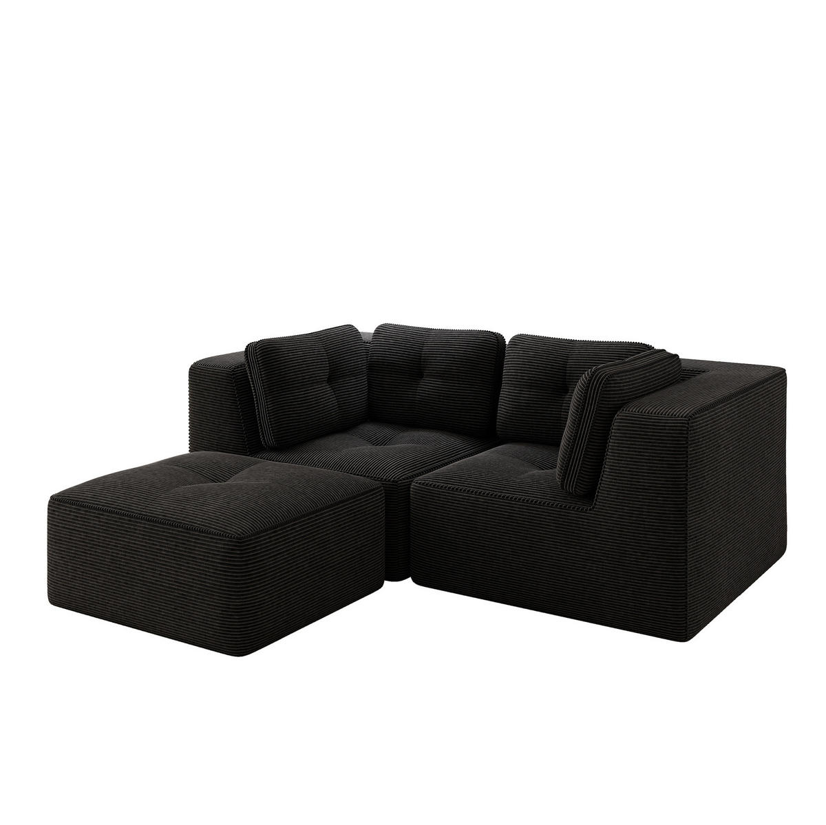 ECKSOFA 208/177/69 cm schwarz aus Cord mit modularem Design und beweglichem Hocker - Schwarz, Textil (177/208cm) - OKWISH