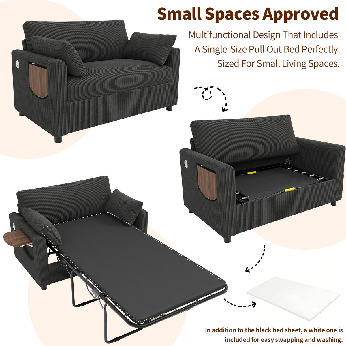 SCHLAFSOFA 2-Sitzer ausziehbar mit USB und Seitentisch, Grau - Grau, Textil (134/84/82cm)