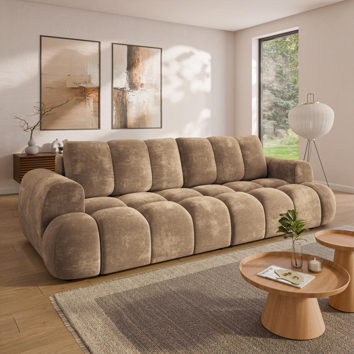 BETTSOFA DAFNE Beige Chenille-Stoff mit Schlaffunktion - Beige, Textil (300/88/113cm) - MASSENO