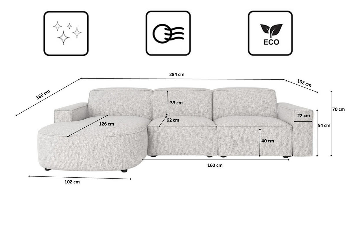 ECKSOFA Cursal Round L-Form, Stoff Artico, Nata, Links - Creme, Holz (284/166cm) - Kaiser Möbel