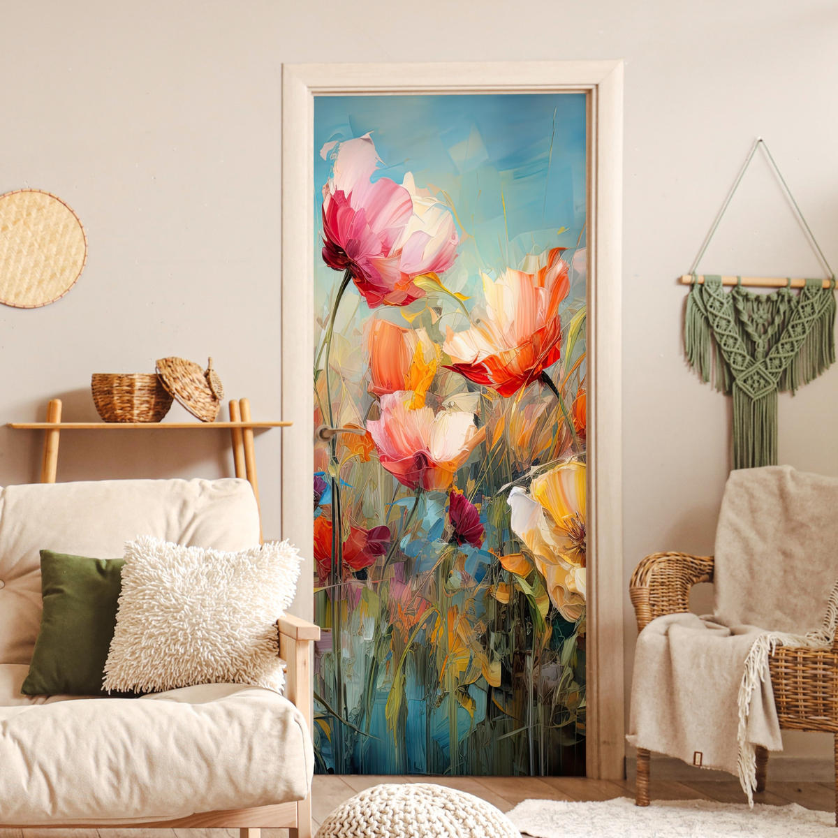 NÁLEPKA NA DVERE Kvety - Akvarel - Umenie - Botanické - Príroda 90x215 cm - oranžová, plast (90/0.1cm) - MuchoWow