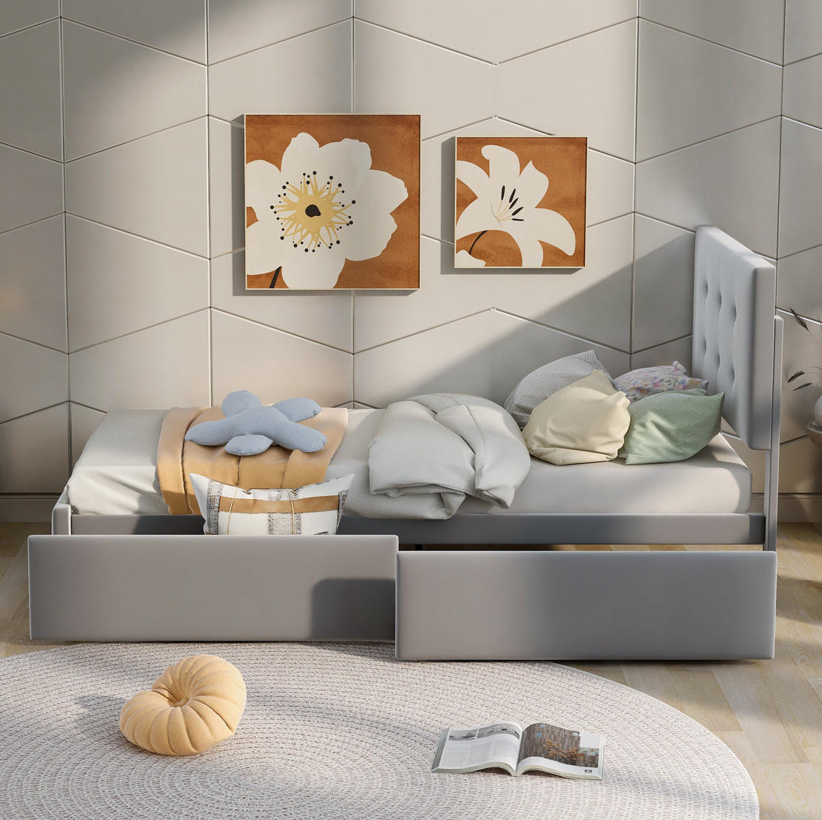 POLSTERBETT 90/200 cm Grau aus Samt mit Schublade - Grau, Textil (90/200cm) - Flora Grace