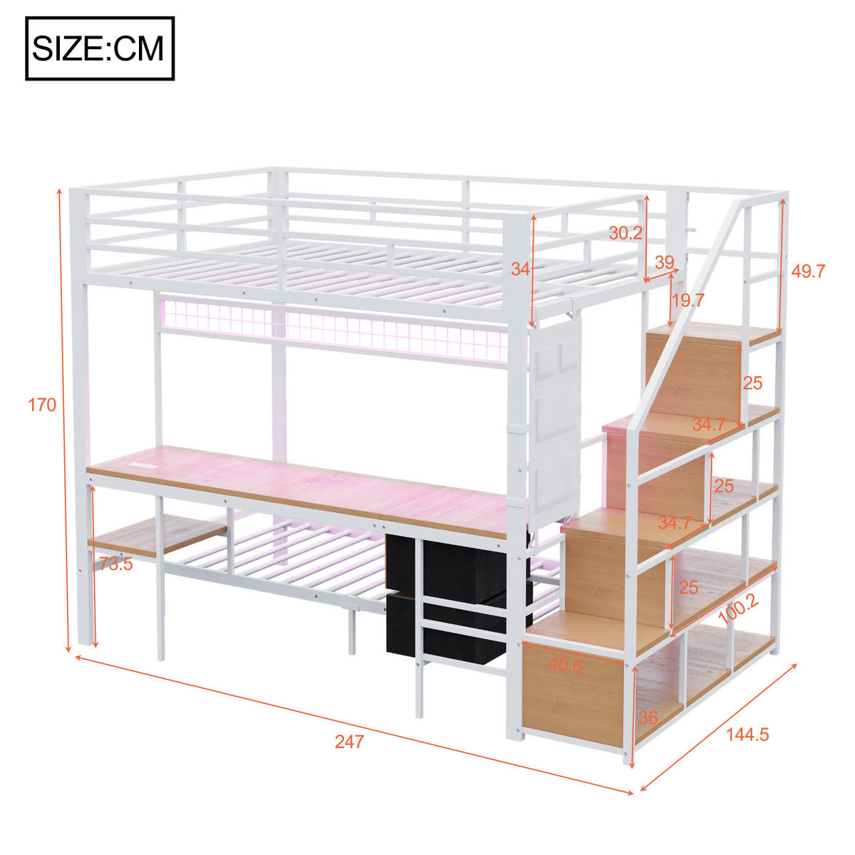 HOCHBETT 140/200 cm weiß aus Metall und Holz mit Schreibtisch LED und Steckdosen - Weiß, Metall (140/200cm) - OKWISH