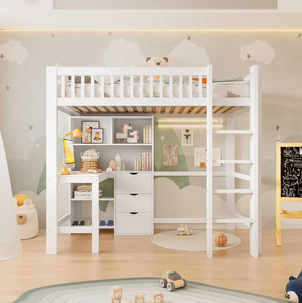 HOCHBETT 90/200 cm mit Schreibtisch, 3 Schubladen, Ablagefächern und Leiter aus Kiefernholz und MDF, Weiß - Weiß, Holz (90/200cm) - Redom