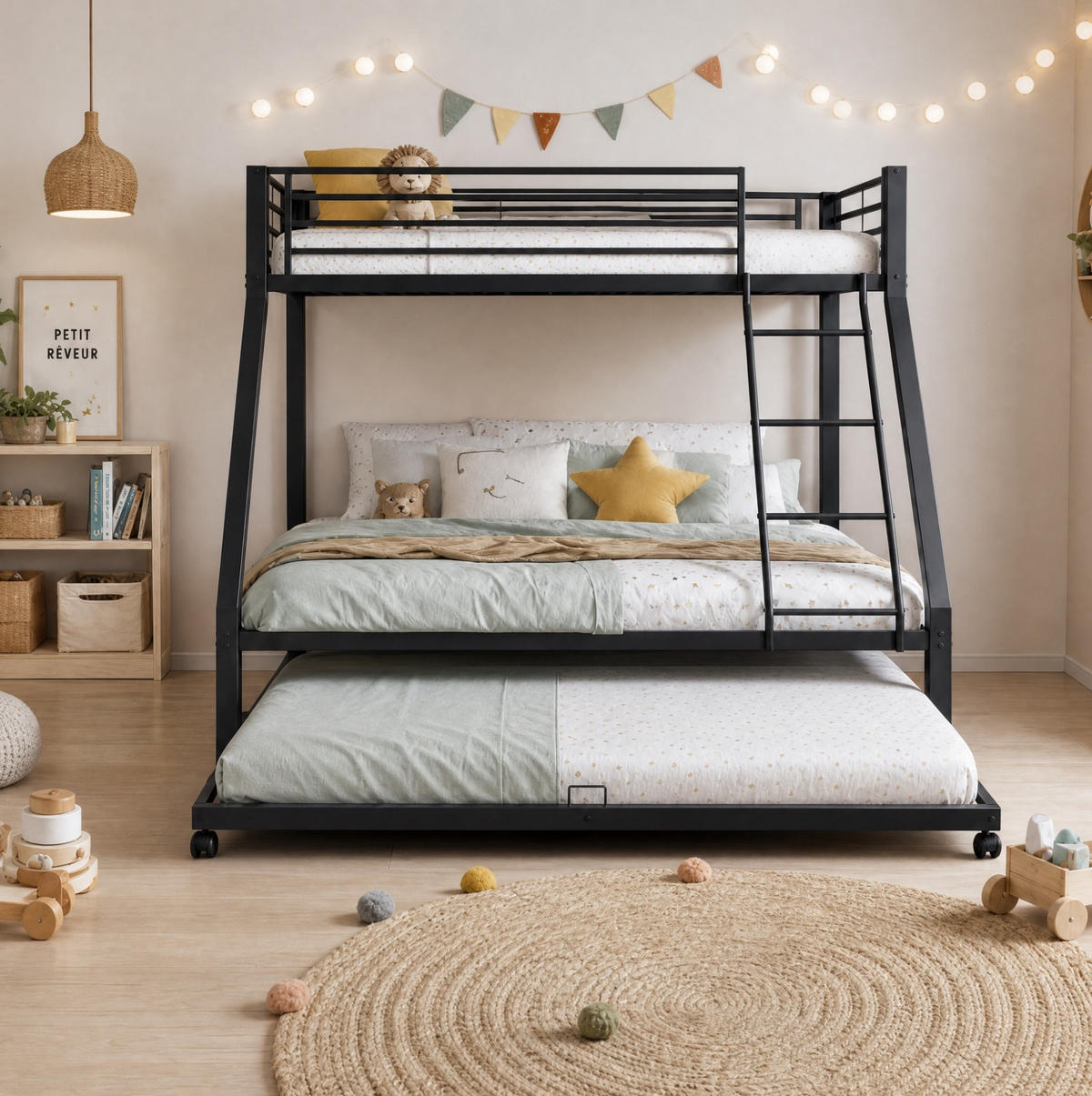 ETAGENBETT 90x200 und 140x200 cm in Schwarz mit Ausziehbett und Schrägleiter - Schwarz, Metall (140/200cm) - IVMEU