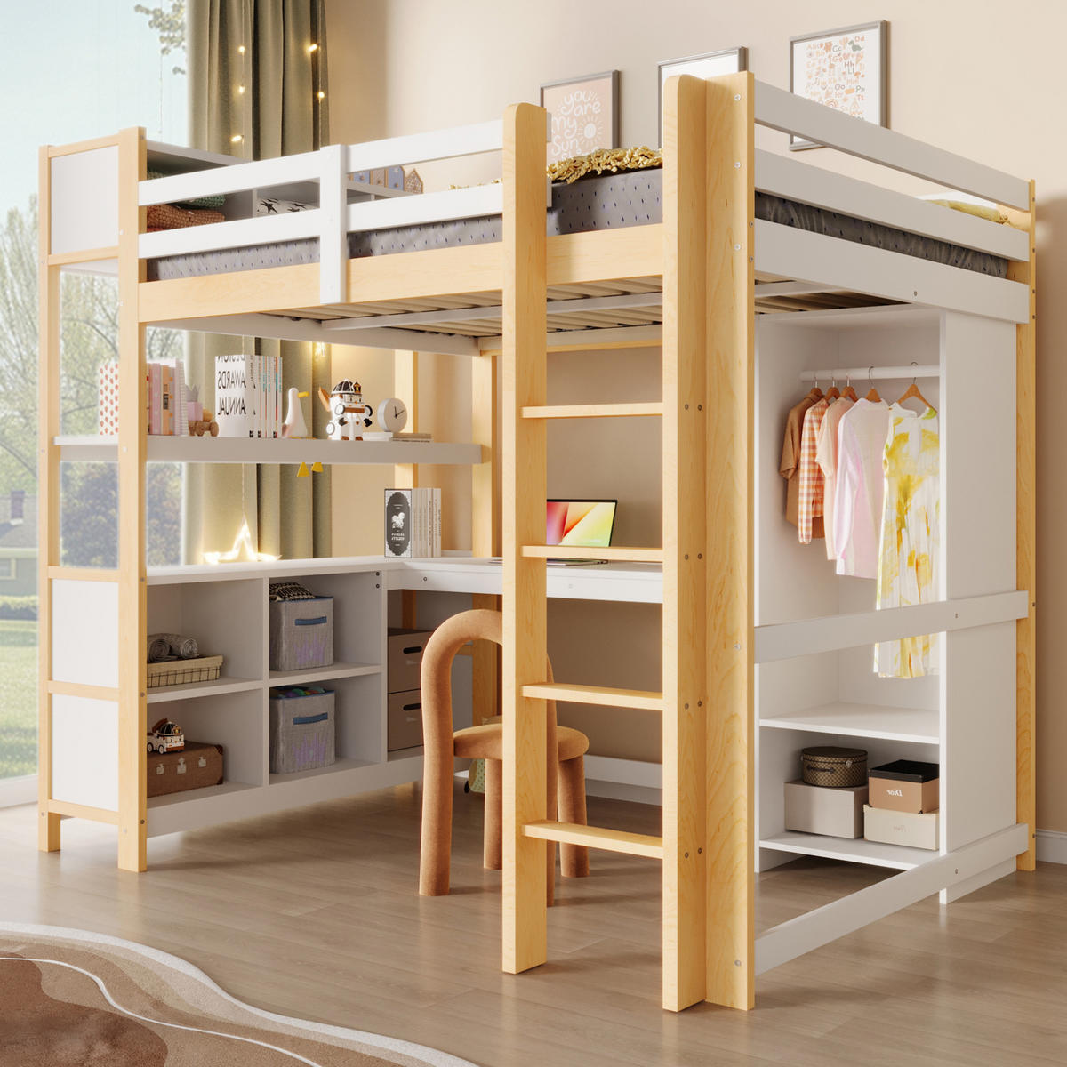 HOCHBETT 140/200 cm Natur mit Schreibtisch und Kleiderschrank ohne Matratze - Naturfarben, Holz (140/200cm) - MIVRAY