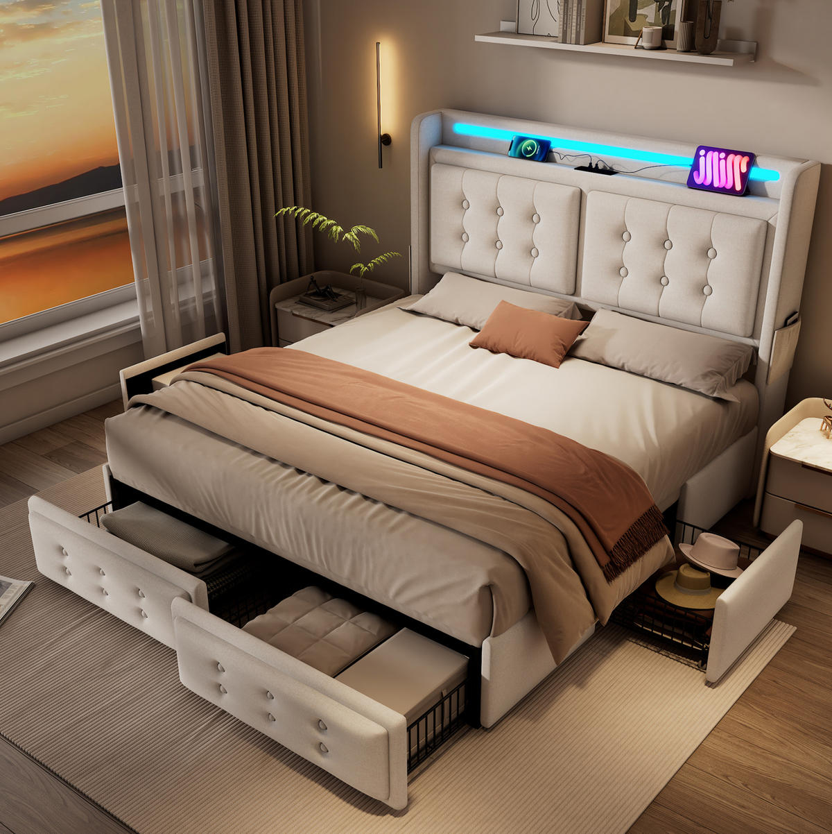 BETT mit LED, USB-C und 4 Schubladen 140x200 cm Beige - Beige, Metall (140/200cm) - Meubliv