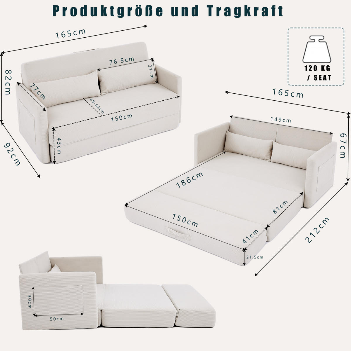 SOFABETT 2-Sitzer klappbar 165 cm Cord Beige - Beige, Metall (1654/82/92cm) - Meubliv
