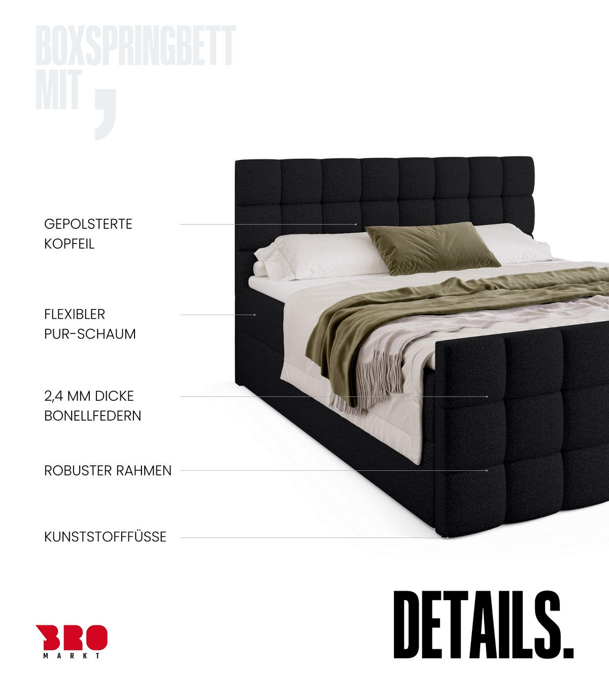 BOXBETT Dakota Duo mit Topper 160/200 Schwarz - Schwarz, Holz/Textil (160/200cm) - Bromarkt