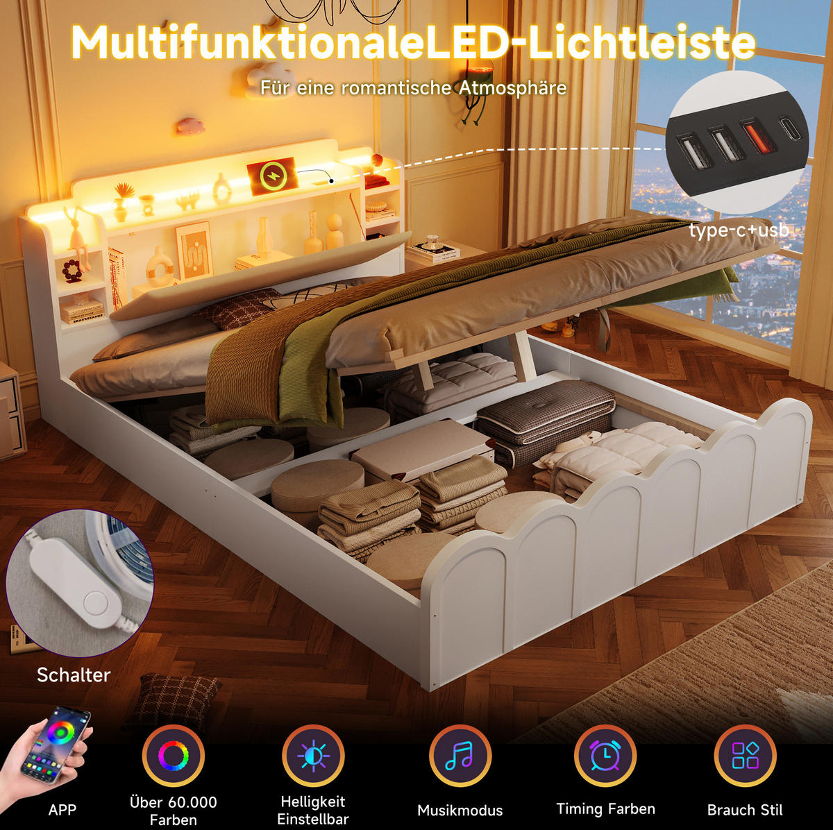 POLSTERBETT 140/200 cm Weiß mit Stauraum, LED-Beleuchtung und USB- und Type-C-Anschlüssen - Weiß, Holzwerkstoff (140/200cm) - Flora Grace