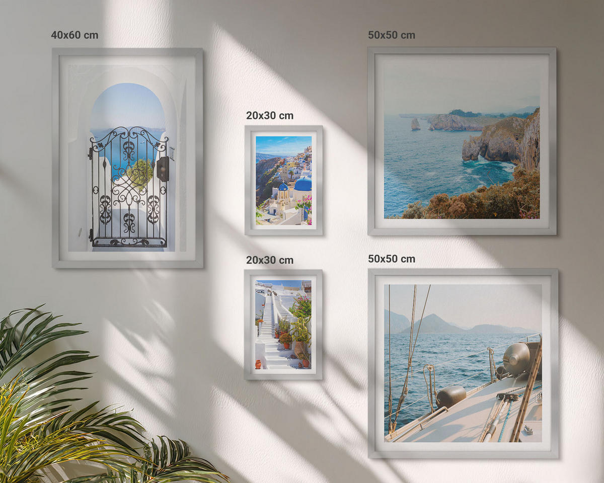 BILDER SET 5er Set - 50x50 cm & 20x30 cm & 40x60 cm Silberner Rahmen - Griechische Architektur auf Santorin, Oia - Silberfarben, Kunststoff (40/60cm) - TULUP