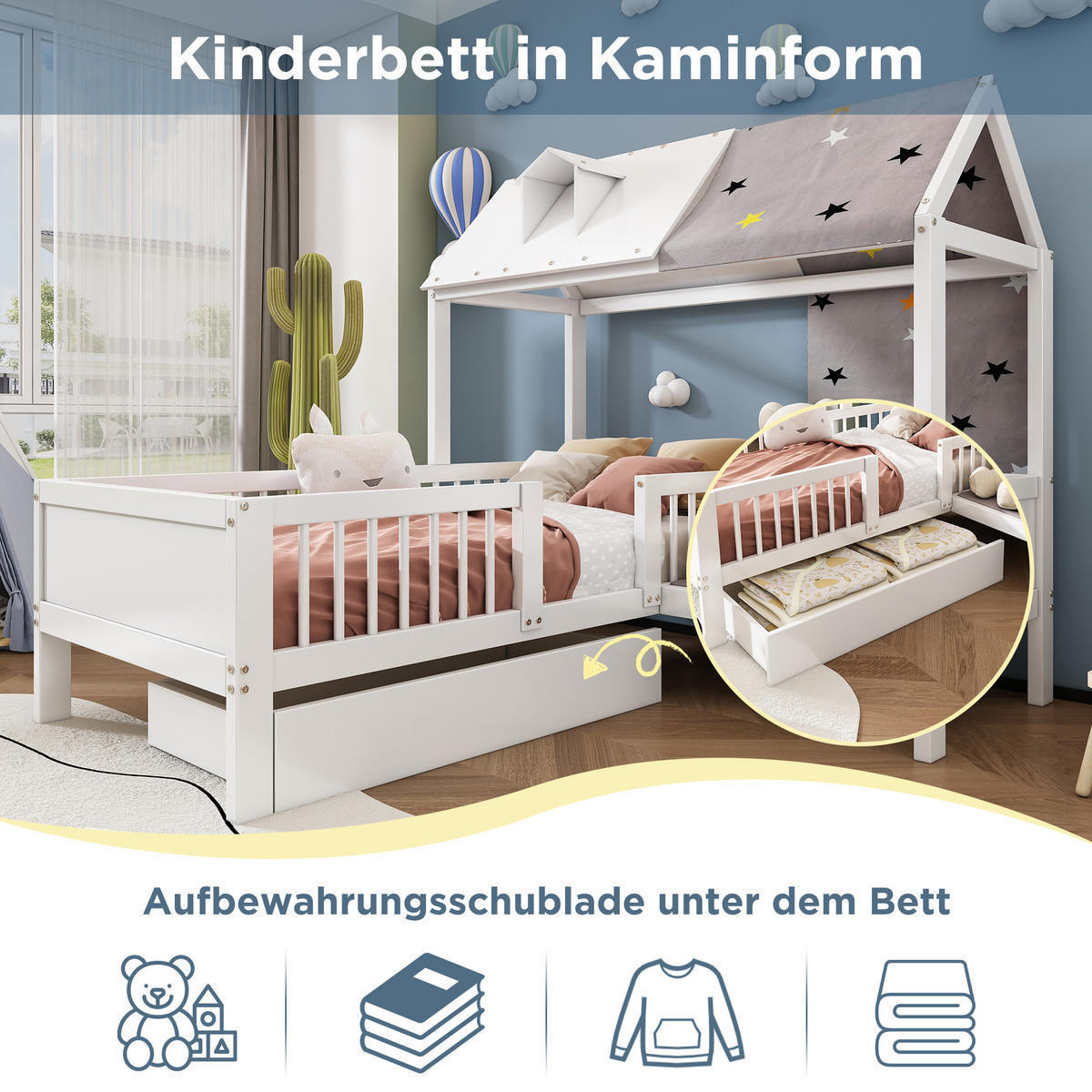 HAUSBETT 90x200 Holz Zeltstoff Schubladen Weiß - Weiß, Holzwerkstoff (90/200cm) - FLIEKS