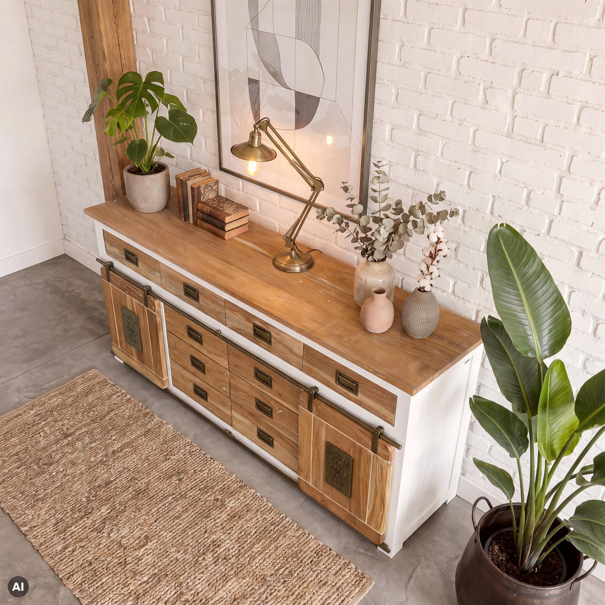SIDEBOARD Mango 200x45x90 weiß lackiert RAILWAY #522 - Weiß, Holz (200/90/45cm) - Massivmoebel24