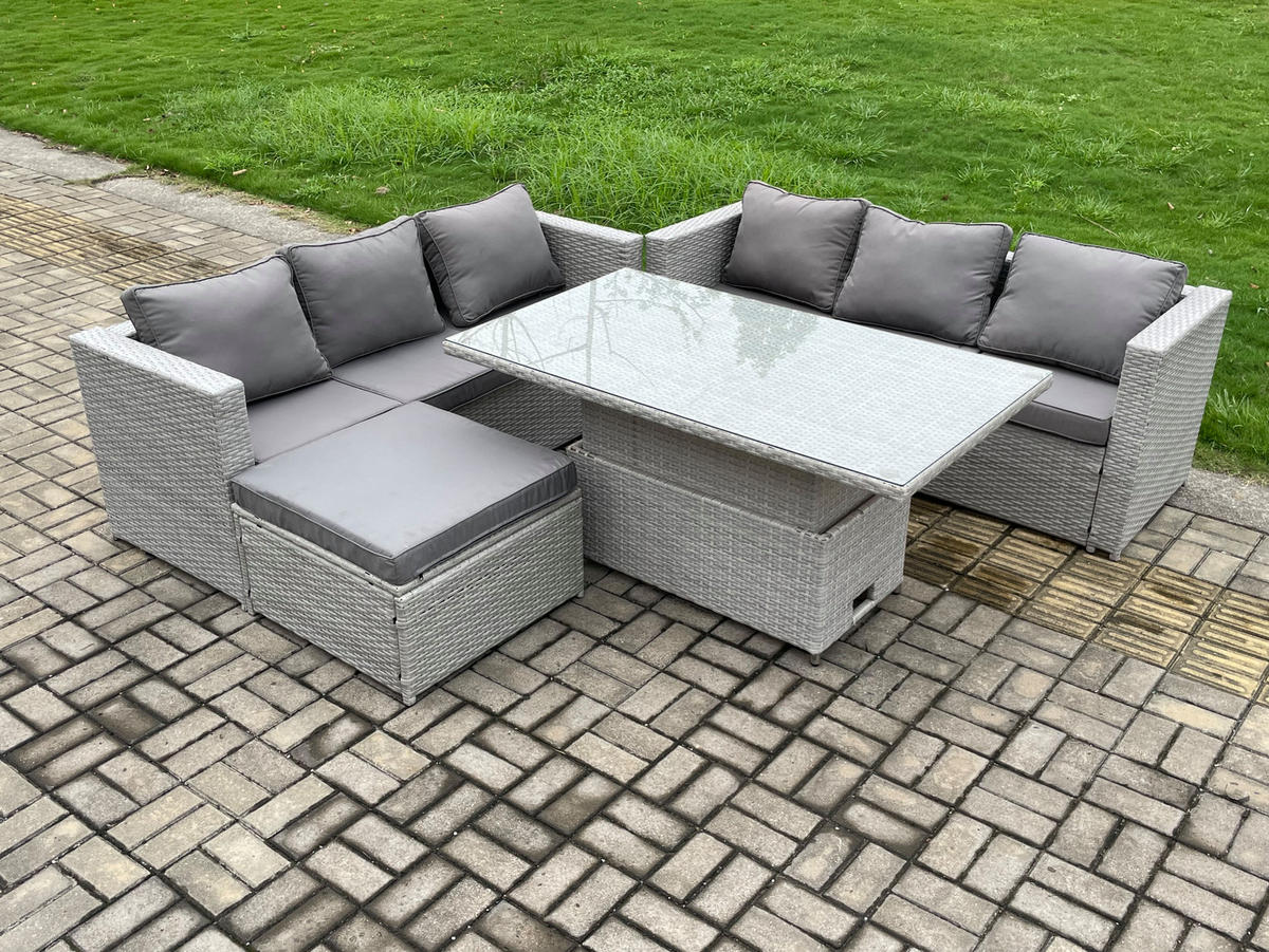 GARTENMÖBEL SET Polyrattan Helles Grau 7-Sitzer - Hellgrau, Metall - Fimous