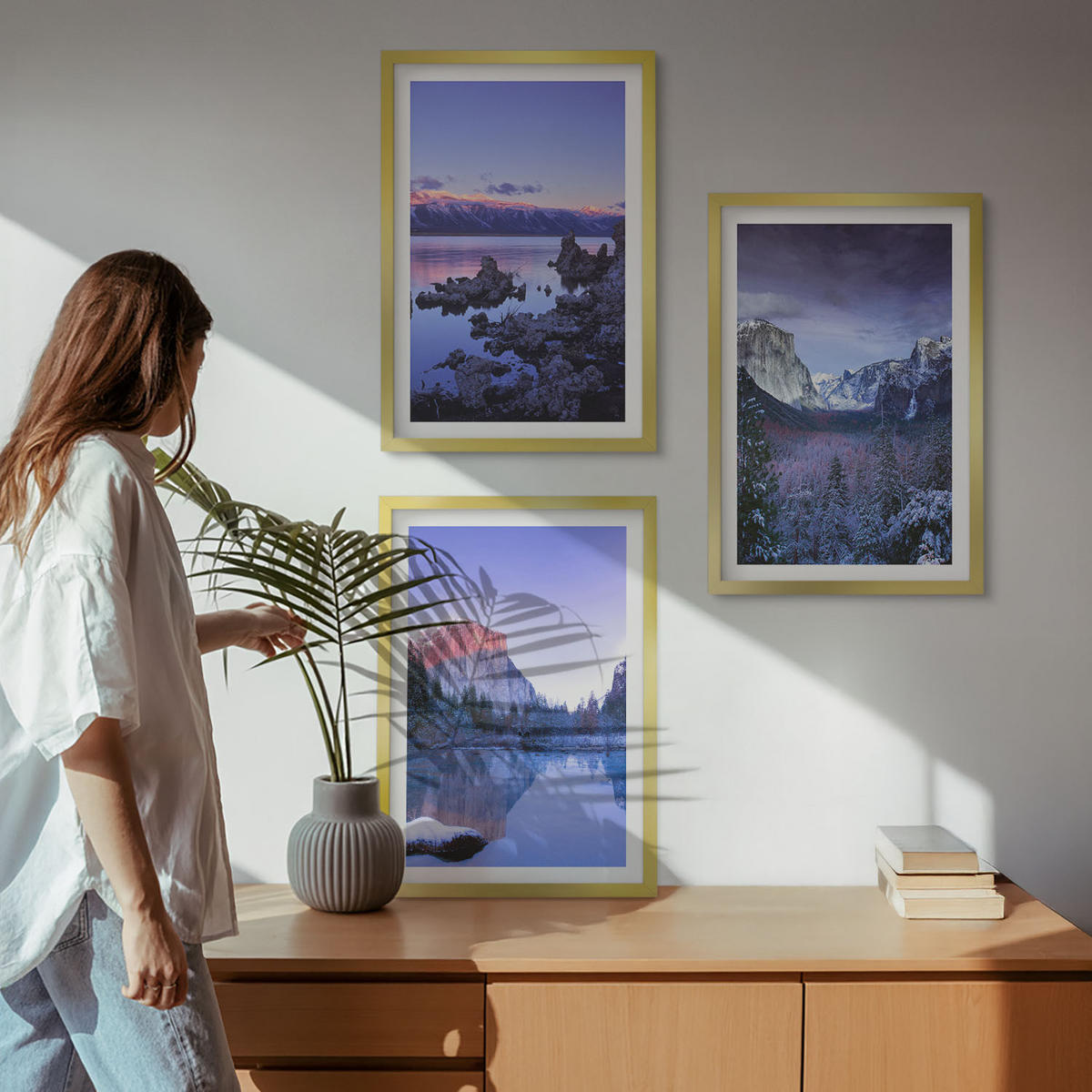 BILDER SET 3er Set - 40x60 cm Goldrahmen - Berglandschaften, Sonnenuntergang, Wasser - Goldfarben, Kunststoff (40/60cm) - TULUP