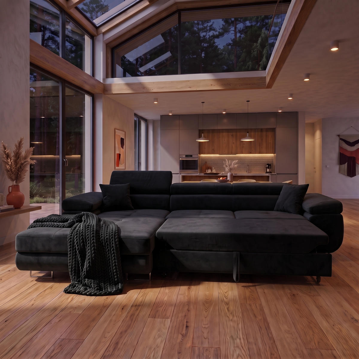 ECKSOFA ALONZO L Links mit Schlaffunktion 125x195 Velours Schwarz - Silberfarben/Schwarz, Holz/Textil (275/203cm) - Muffo
