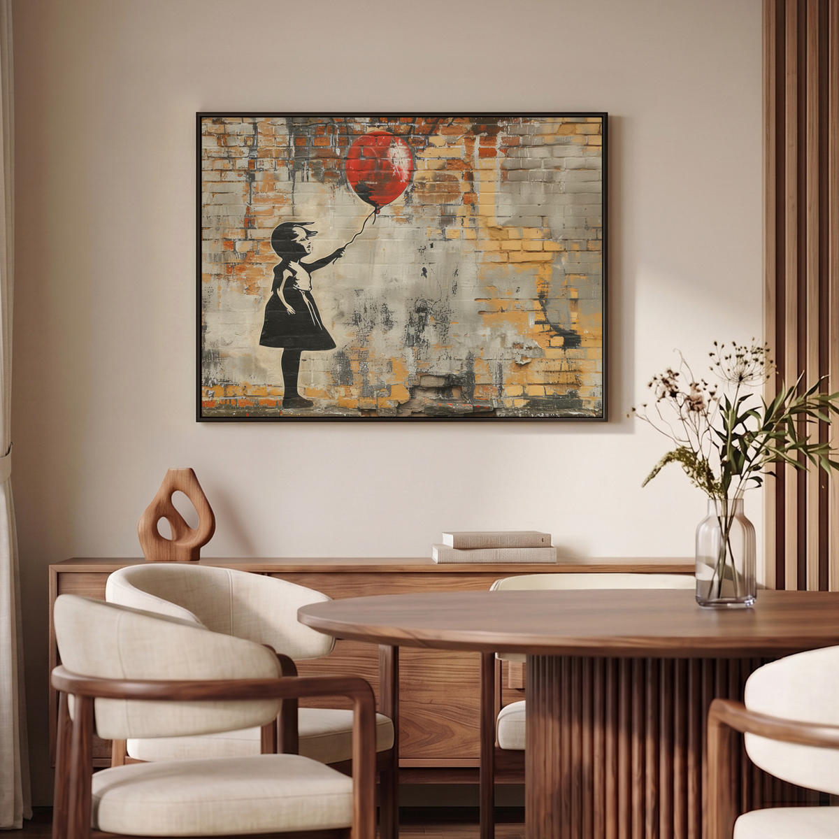 LEINWAND Bilder mit Rahmen - Graffiti - Banksy - Mädchen - Straßenkunst - 100x70 - Sandfarben, Textil (100/70cm) - MuchoWow