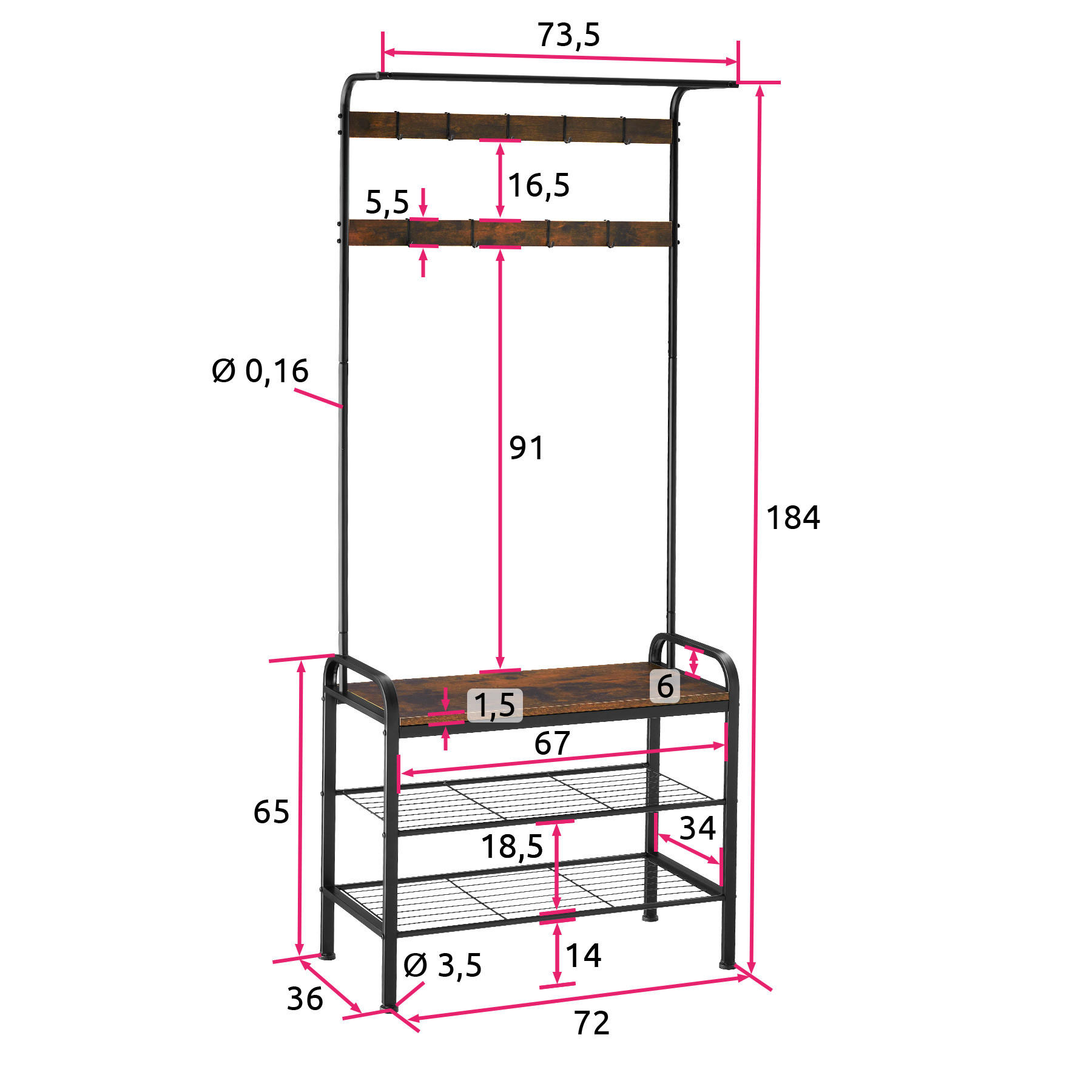 GARDEROBENSTÄNDER Wichita,inklusive Kippschutz, 73,5 x 36 x 184 cm,Industrial Holz dunkel, rustikal - Rostfarben, Textil (36/184/73.5cm) - tectake