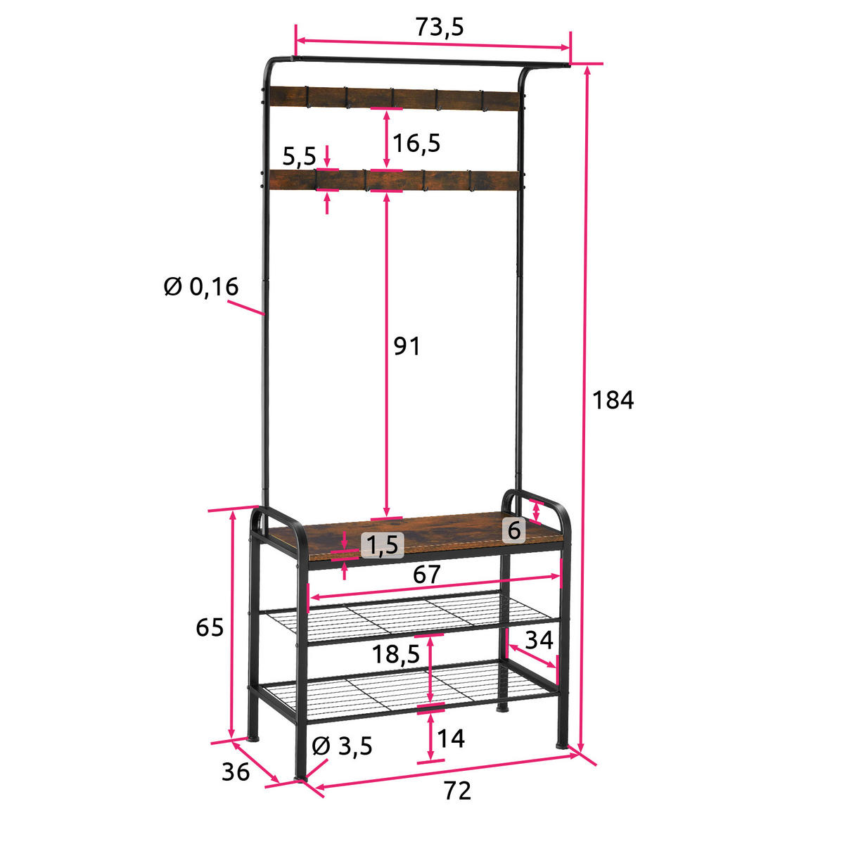 GARDEROBENSTÄNDER Wichita,inklusive Kippschutz, 73,5 x 36 x 184 cm,Industrial Holz dunkel, rustikal - Rostfarben, Textil (36/184/73.5cm) - tectake