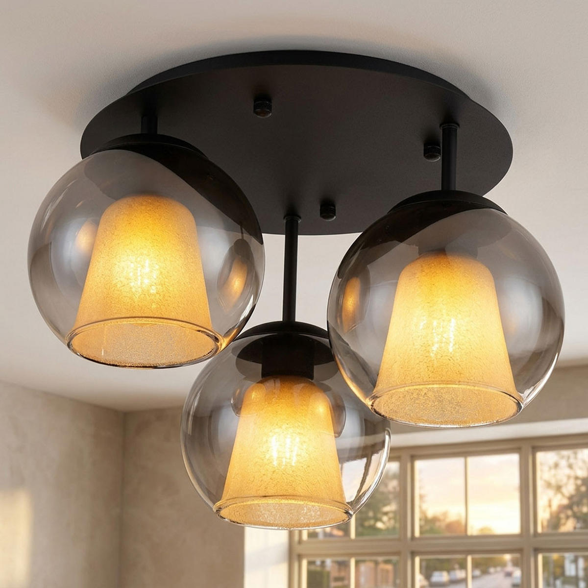 LED DECKENLEUCHTE BARRY Metall, Glas Schwarz Rauchfarben - Schwarz, Glas (41/41/28.5cm) - Globo Lighting