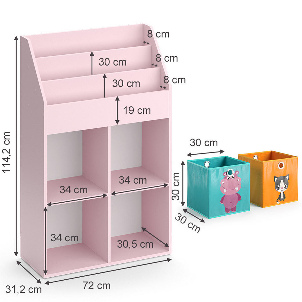 KINDERREGAL Luigi Rosa 72 x 114.2 cm mit 6 Faltboxen (bunt) - Pink, Holzwerkstoff (72/114.2/31.2cm) - Vicco