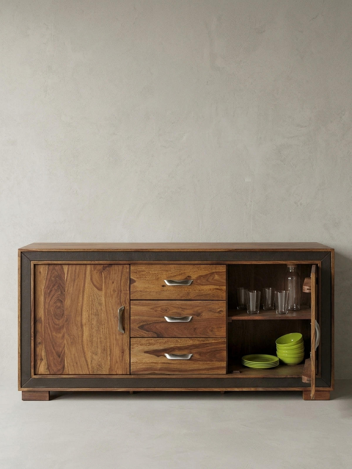 SIDEBOARD – Massivholz, Kunstleder, 160x44x80 cm, rustikal - Braun, Holz (160/80/44cm) - KADIMA DESIGN