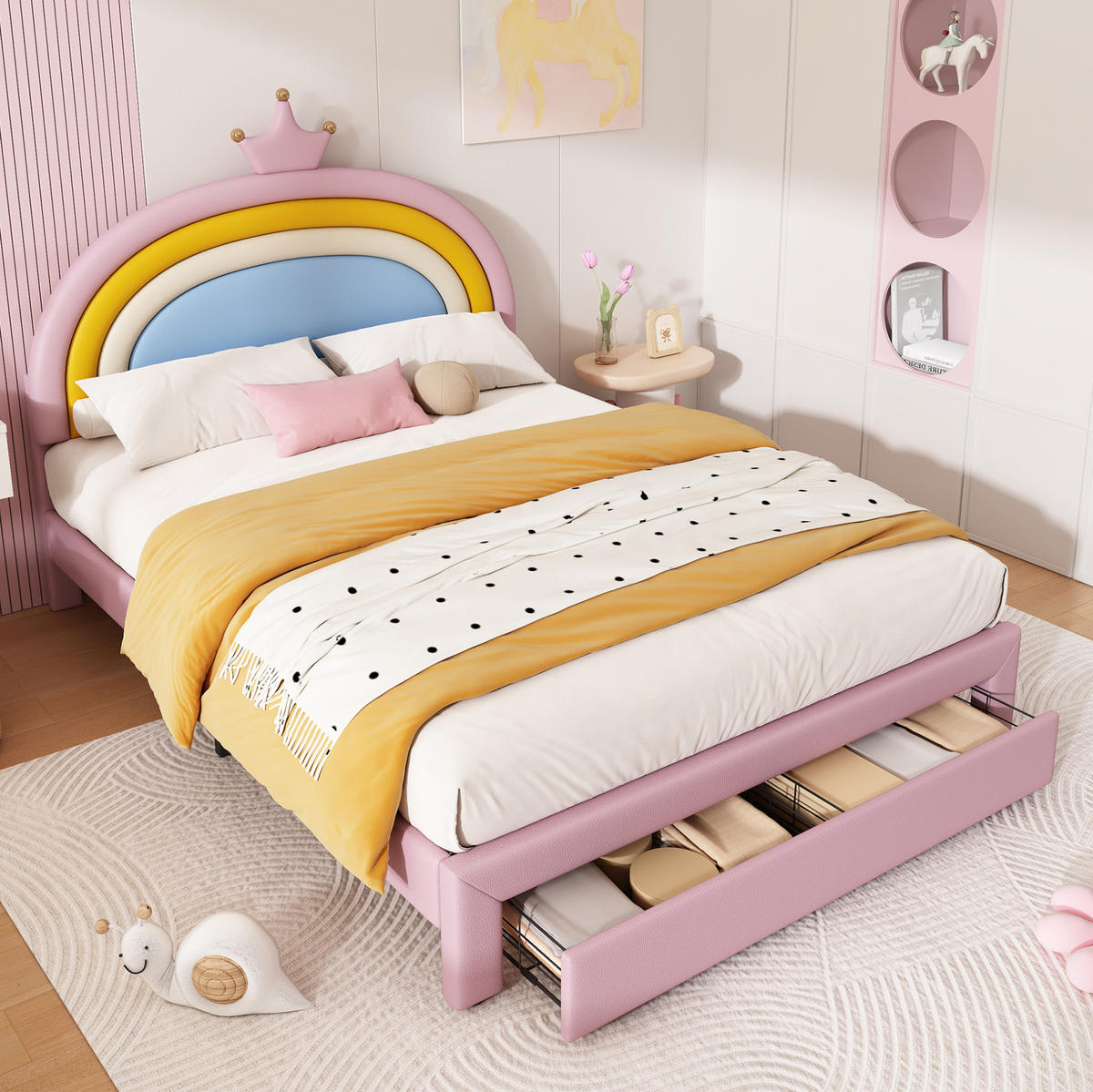KINDER-POLSTERBETT aus PU 140x200 cm Rosa mit höhenverstellbarem Regenbogen-Kronen-Kopfteil und Schubladen - Pink, Kunststoff (140/200cm) - Modfu