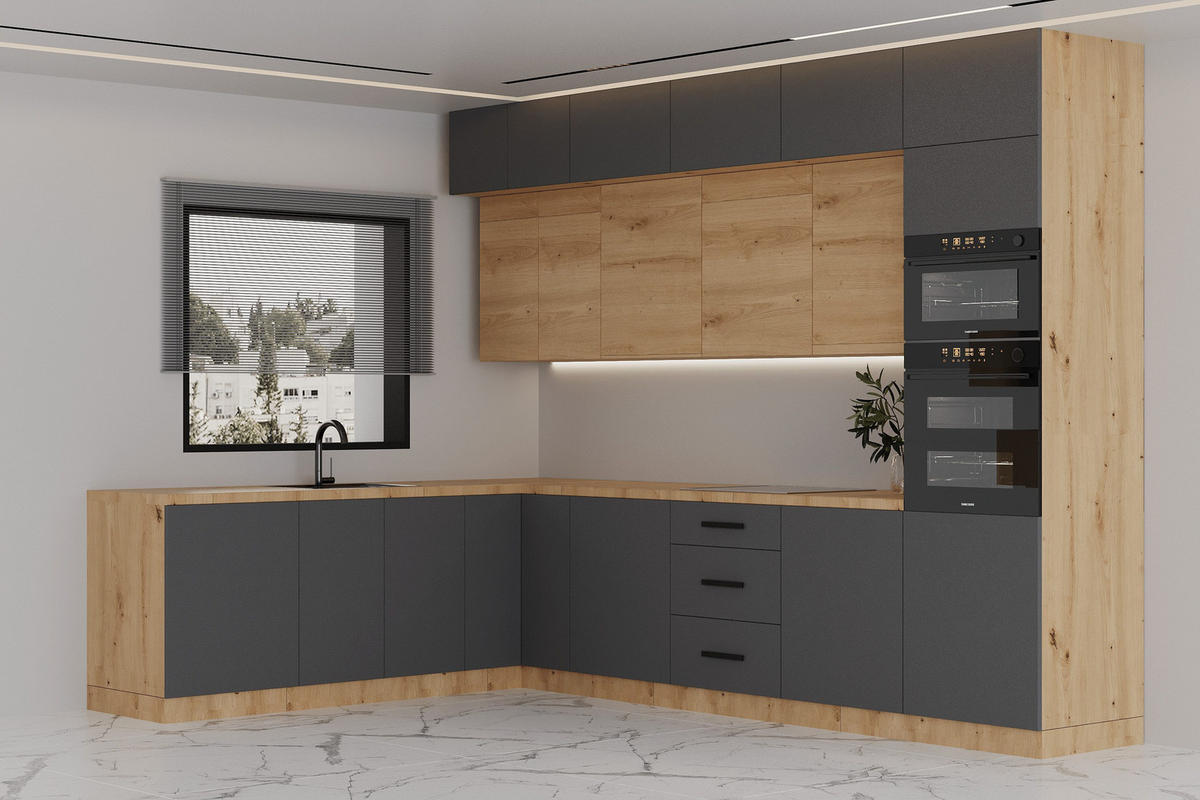 ECKKÜCHE 330 x 230 cm – Nexa K105-G330 – in Grau & Woodline / Matt - Schwarz/Eiche Artisan, Holz/Metall (330/212/58cm) - ROYAL24_MARKT