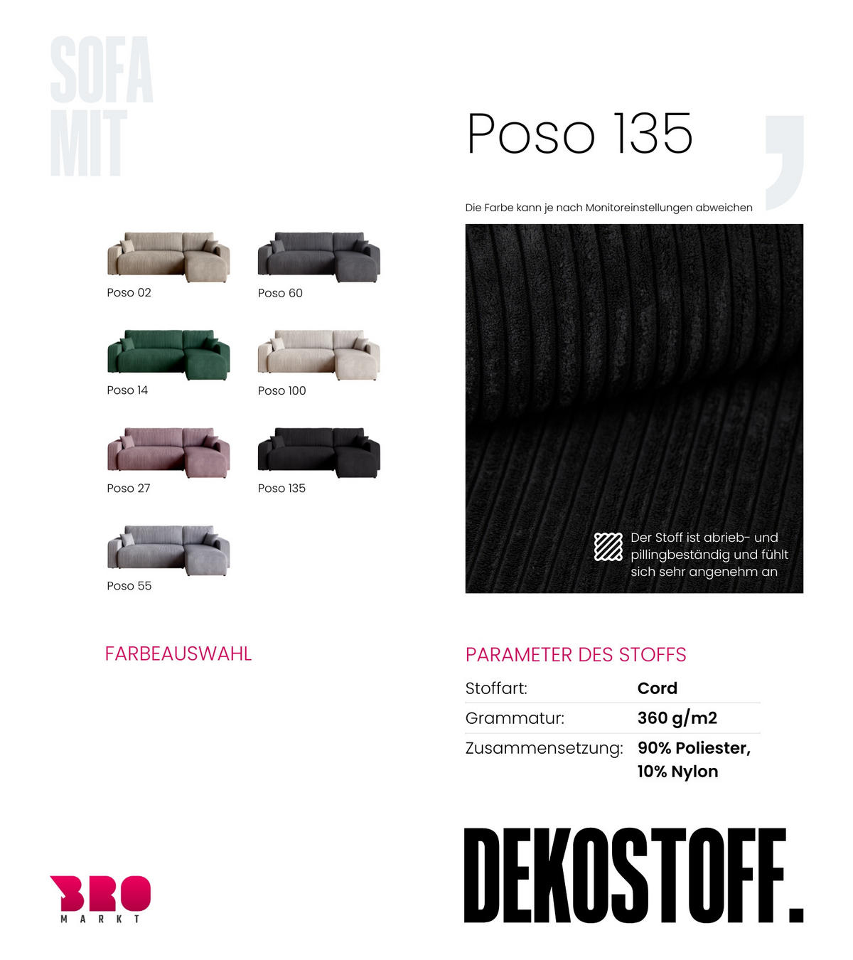 ECKSOFA PUMI mit Schlaffunktion Schwarz Cord - Schwarz, Textil (244/148cm) - Bromarkt