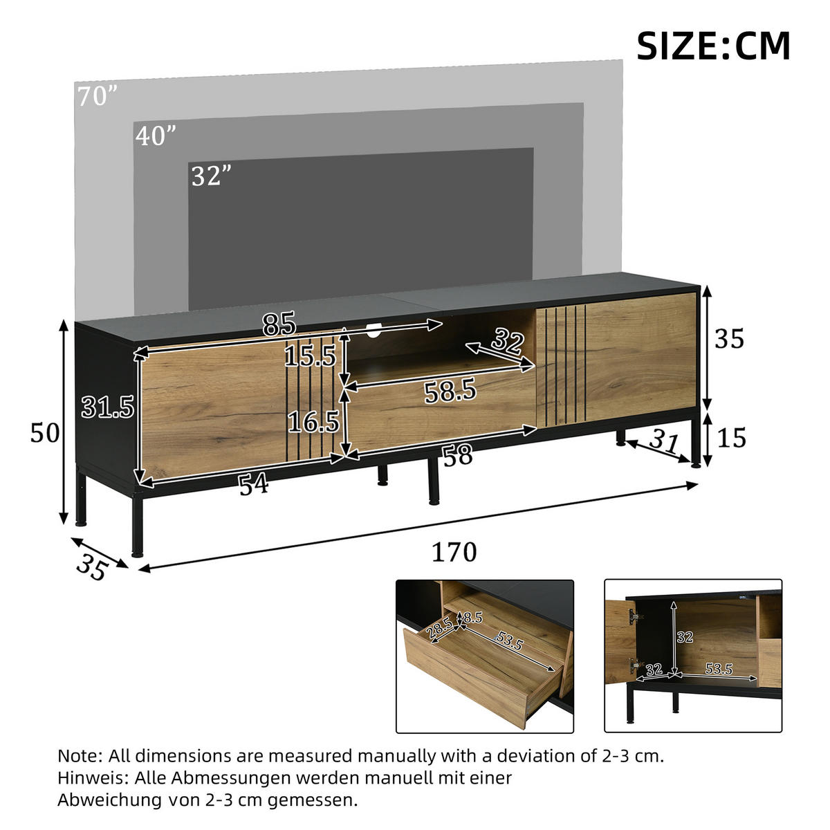 LOWBOARD in Naturfarben mit 2 Schränken & Schublade , für TVs bis 70 Zoll, B170/T35/H50cm - Schwarz/Naturfarben, Holzwerkstoff/Metall (170/50/35cm) - STILVORA