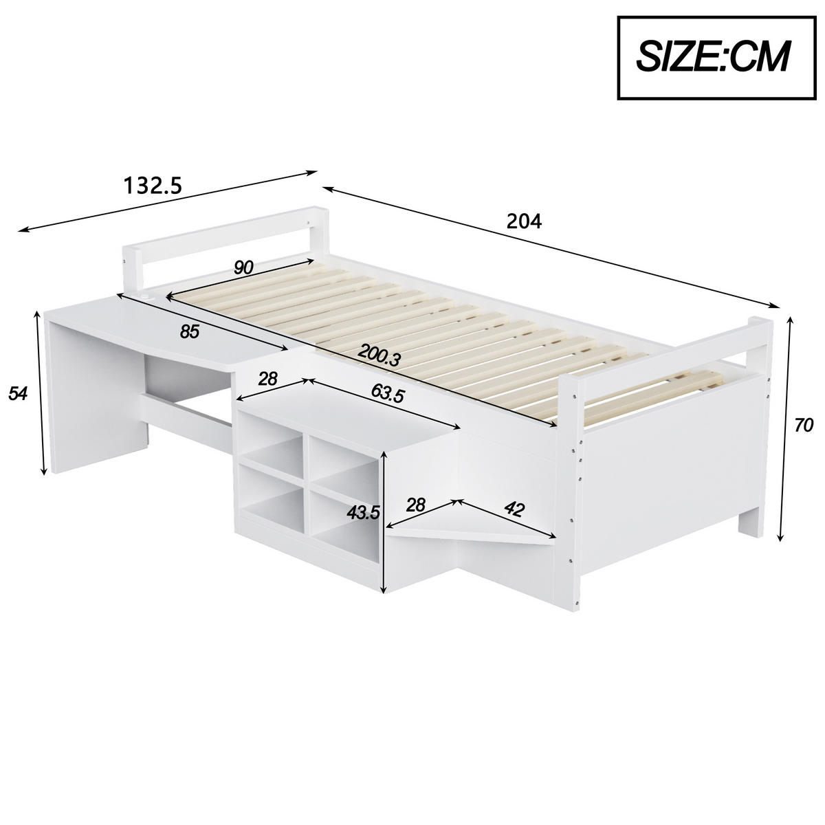 EINZELBETT 90/200 cm mit Staufächern und Schreibtisch in Weiß - Weiß, Holz (90/200cm) - OKWISH
