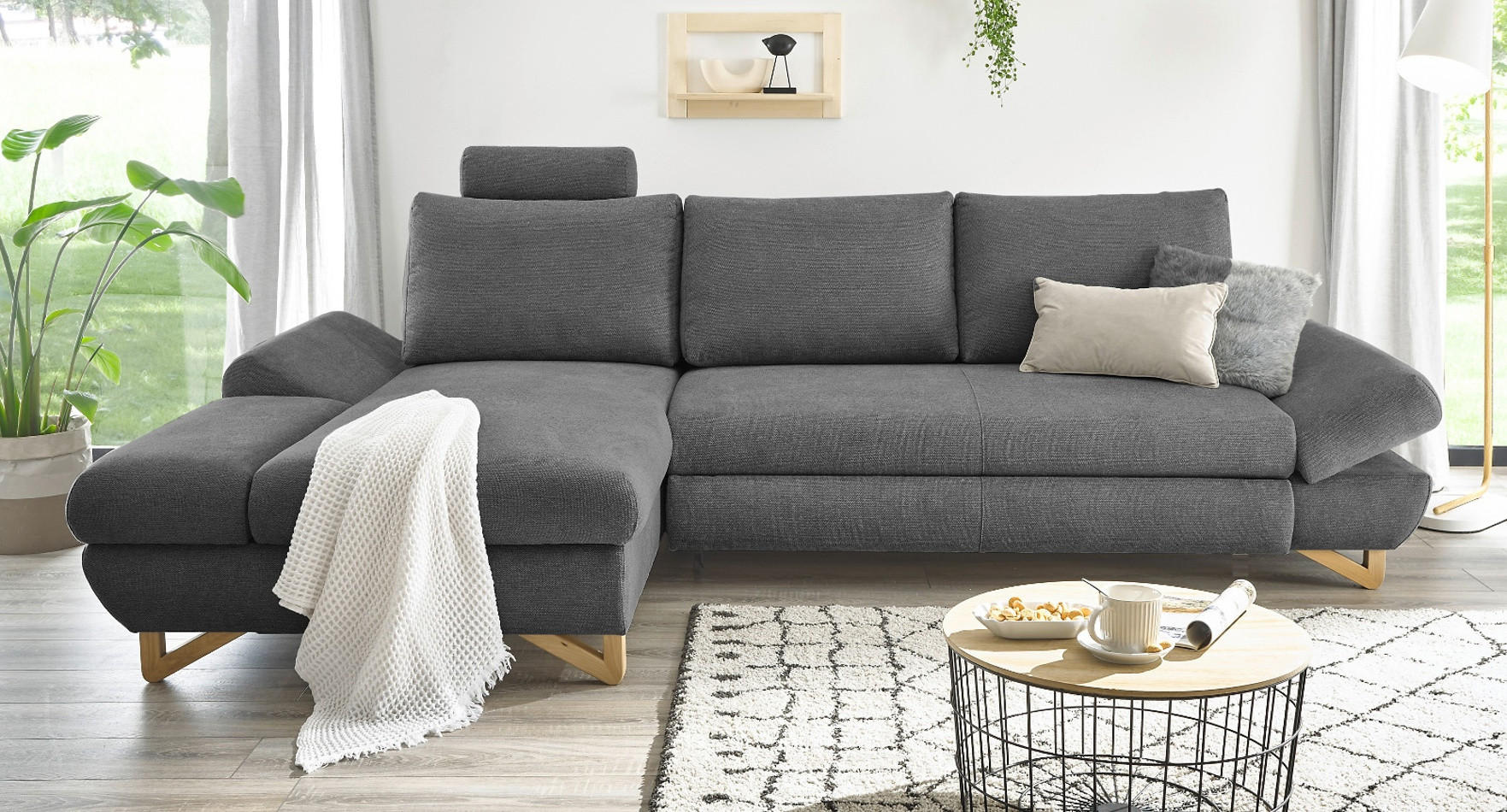 ECKSOFA grau Struktur-Stoff, Wohnzimmer Sofa - Grau, Holz/Textil (166/284cm) - Furn.Design
