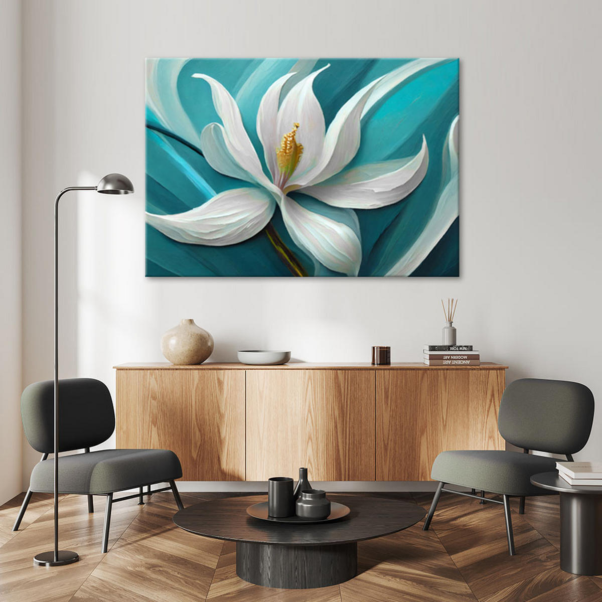 LEINWANDBILD Lilie türkis Blume gemalt - Blau, Textil (90/60cm) - Feeby