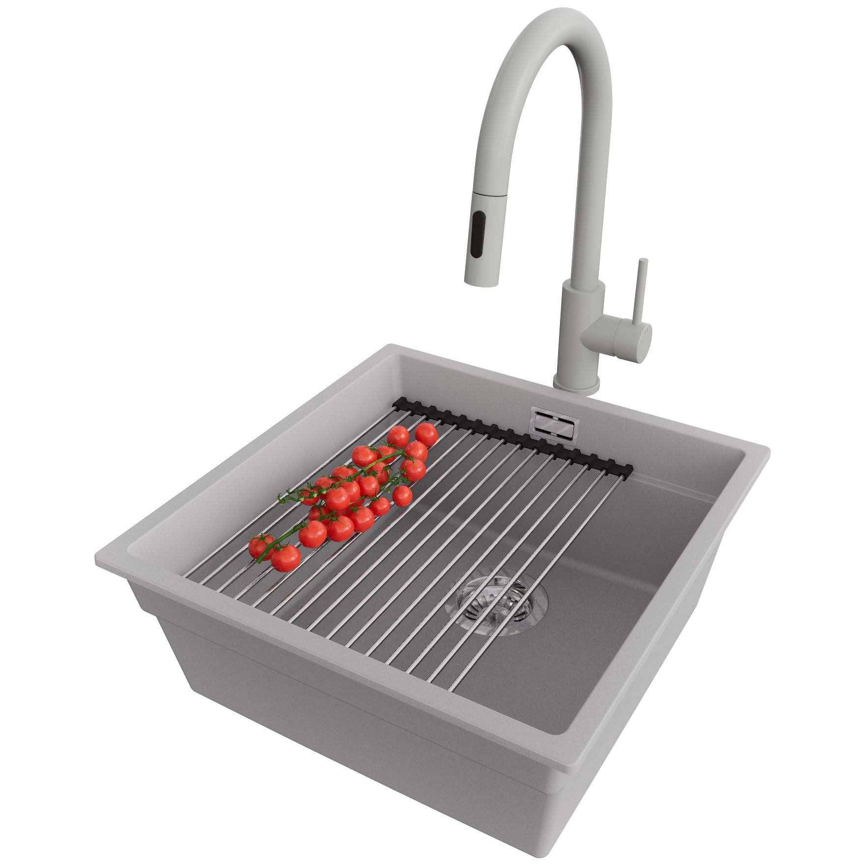 GRANITSPÜLE Praga Slim, 2-er set Grau 46/47 cm 1 Becken + Küchenarmatur 40/20 cm + Ablauf-Set + Aufrollbare Abtropffläche ab 50er Unterschrank - Chromfarben/Grau, Kunststoff (46/20/47cm) - Primagran