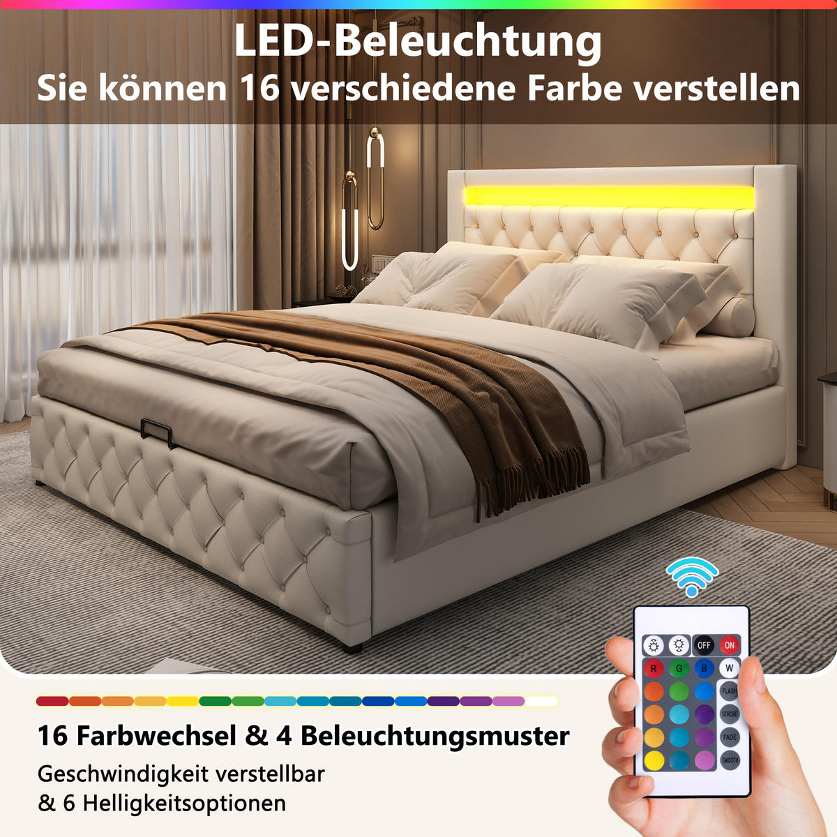 POLSTERBETT 160/200 cm in Weiß mit Bettkasten und LED - Weiß, Holzwerkstoff/Textil (160/200cm) - WISHDOR